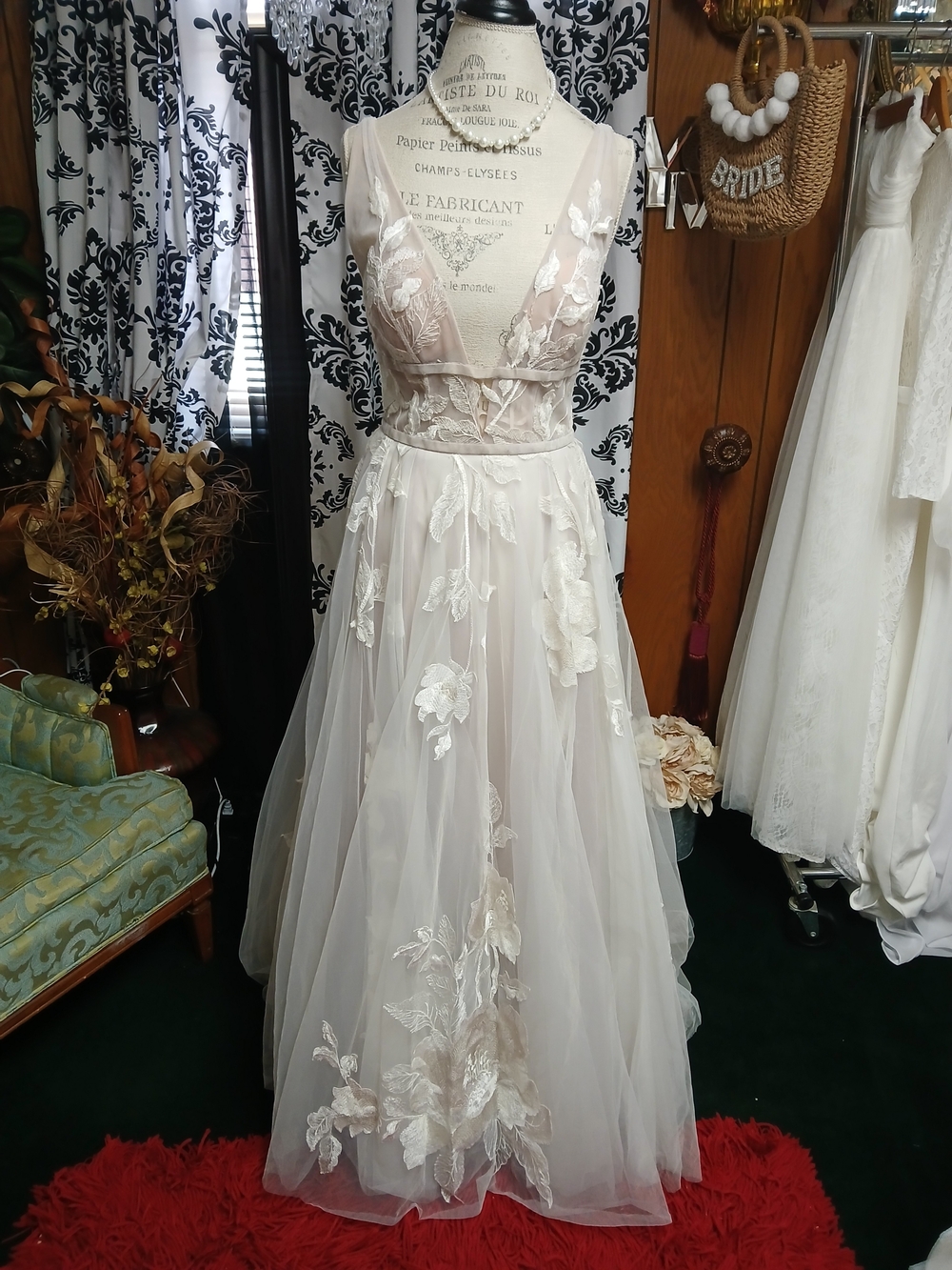 Watters Ivory Floral Appliqué Tulle A-Line Wedding Gown
